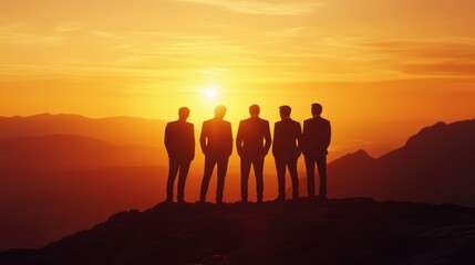 Fototapeta premium Silhouette of business team stand and feel happy on the most hight at stand on sunset, success, leader, teamwork, target, Aim, confident, achievement, goal, on plan, finish