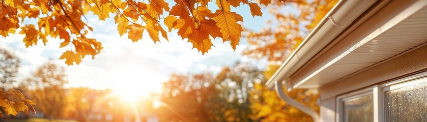 Fototapeta premium A serene autumn scene featuring vibrant orange leaves against a warm sunlight backdrop, highlighting the beauty of nature.