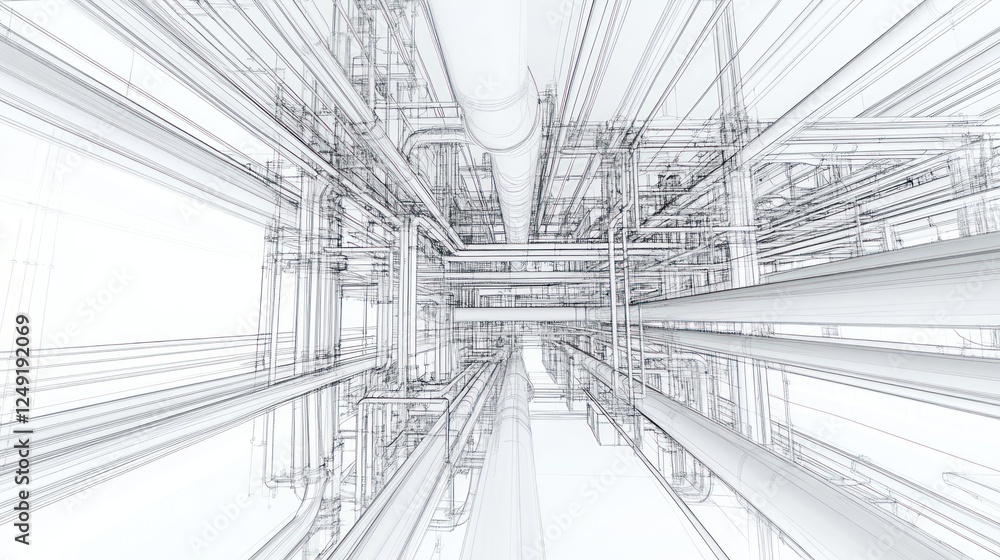 Poster abstract 3d rendering of complex industrial pipeline system, intricate network of pipes and tubes.