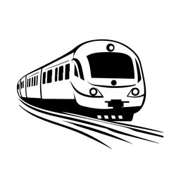 Black and white illustration of a modern high-speed train. Railway travel. Railroad.