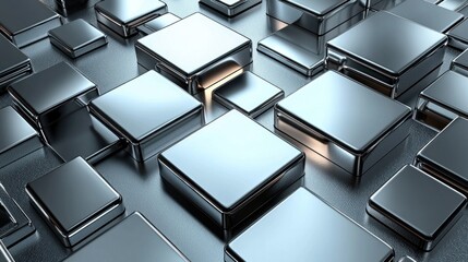 Abstract arrangement of shiny metallic cubes reflecting light in a modern setting
