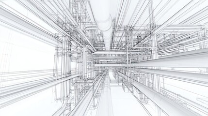 Fototapeta premium Abstract 3D rendering of complex industrial pipeline system, intricate network of pipes and tubes.