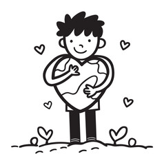 Minimalist Boy Embracing Heart-Shaped Planet Earth, Black and White Outline