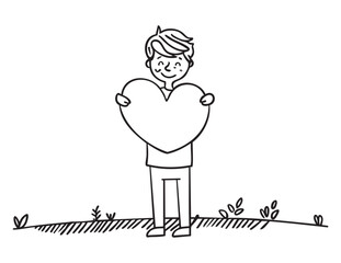 Minimalist Boy Embracing Heart-Shaped Planet Earth, Black and White Outline