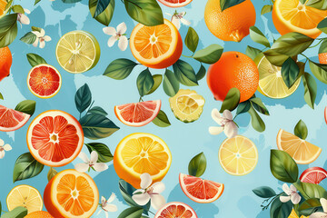 Citrus Fruit Pattern with Slices and Flowers on Blue Background