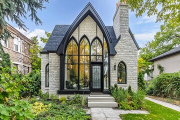 Fototapeta premium Charming gothic-style residence with large glass windows and lush greenery in a serene neighborhood setting, reflecting a blend of nature and architecture