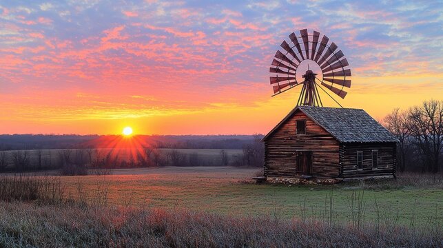Rustic windmill beside an old wooden barn at sunset in a serene landscape