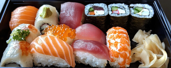 variety of sushi and sashimi arranged in bento box