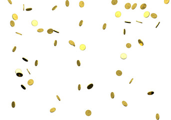 Falling gold coins over a transparent background. 3D render.