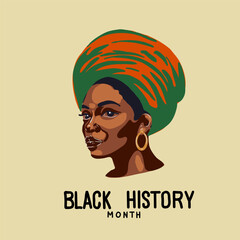 Black history month banner, vector illustration. A woman's head with a black hair and a gold earring.