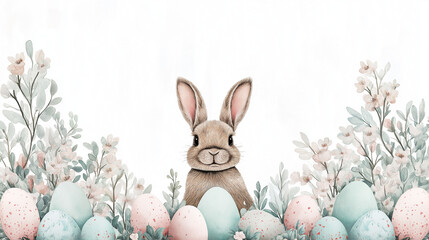 Obraz premium Easter Bunny amidst Pastel Eggs and Blossoms: An adorable bunny sits serenely amongst a delightful collection of pastel Easter eggs and delicate spring blossoms, creating a charming and festive scene.