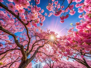 Surreal Spring Panorama: Dreamlike Cherry Blossom Tree under a Vivid Blue Sky