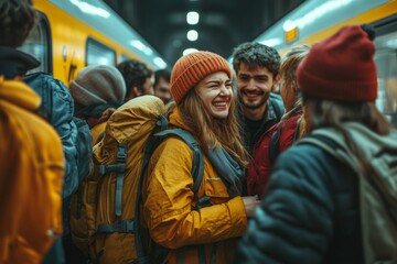 Obraz premium Group of travelers with backpacks in a busy station