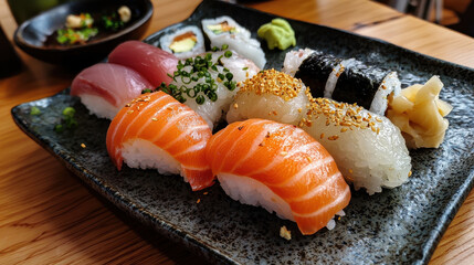 variety of sushi pieces on ceramic plate with garnish