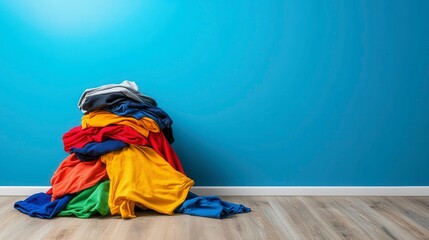 Messy Laundry Room with Scattered Clothes in Vibrant Blue Background