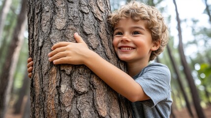 Happy Child Embracing a Tree in a Bright Green Forest Setting