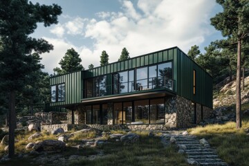 Contemporary house design beautifully highlights innovative architectural elements set against a stunning natural landscape, featuring vibrant sunny weather, majestic trees, and rugged rocks