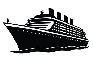 Obraz premium Black and white cruise ship silhouette vector illustration. Minimalist and modern logo design for travel, tourism, and maritime branding