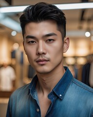 Obraz premium Portrait of a young man wearing a denim shirt in an indoor clothing store with a soft-focus background