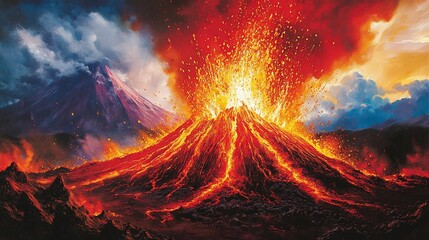 Fiery volcanic eruption with lava flows and dramatic sky.