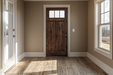 Bright and spacious entryway showcasing a wooden door and natural light