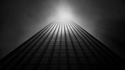 Skyscraper, fog, monochrome, low angle.
