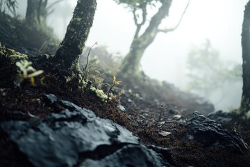 A misty trail through the forest with damp rocks and moss. A serene natural scene.