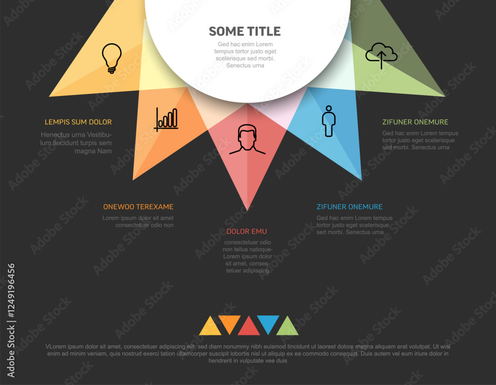 Poster a colorful dark infographic template with six triangular sections, each featuring an icon and text. 