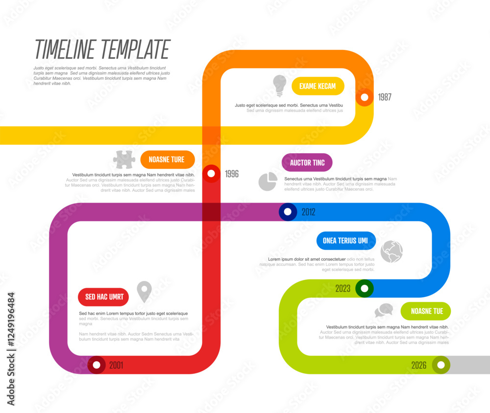 Poster a vibrant timeline template features multicolor paths with text boxes for different years. the timel