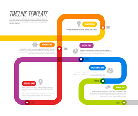 A vibrant timeline template features multicolor paths with text boxes for different years. The timeline includes significant milestones, with each section marked by distinct colors and icons.