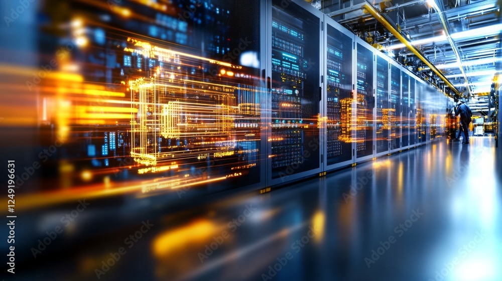Poster dynamic data flow in a modern server room showcasing advanced technology and infrastructure