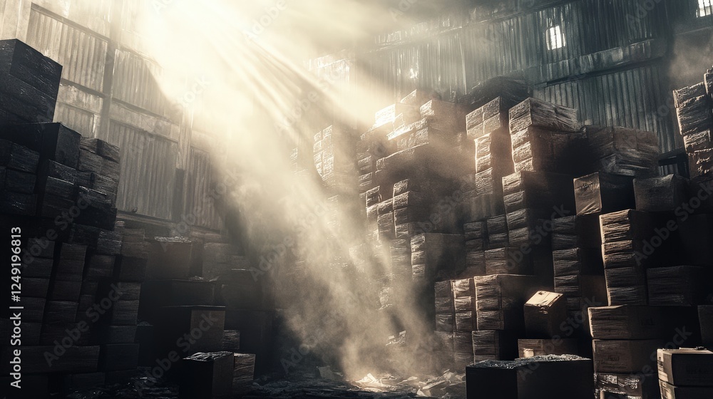 Poster sunlight streaming through a dusty warehouse, illuminating stacked boxes and creating a serene atmos