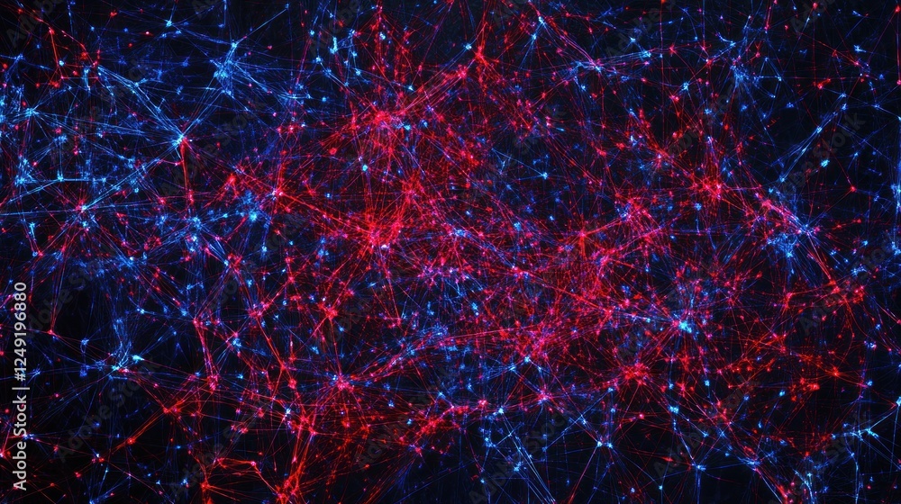 Poster abstract background with red and blue glowing lines and dots, forming a complex network.