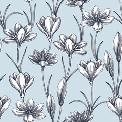 Spring background. Saffron flower sketches. Hand-drawn crocus flower vector illustration. Wildflower seamless pattern. NOT AI generated