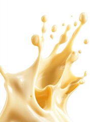 Obraz premium Milk drops cascading downward on a pristine white surface, emphasizing the fluid's vibrant yellow color and smooth texture.