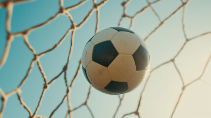 Fototapeta premium A soccer ball soaring into the goal net, capturing the thrill of victory and precision. A dynamic sports moment perfect for advertising, articles, and promotions.