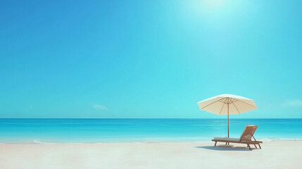 Fototapeta premium A sun lounger with an umbrella on the shore of a crystal-clear blue ocean, radiating relaxation and paradise vibes. Perfect for vacation, travel, and resort themes.