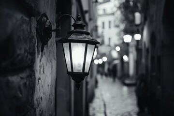 Lonely street lamp glowing on a cobblestone street at night