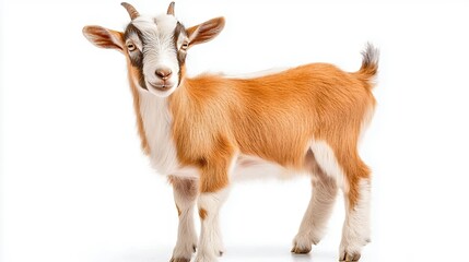 Fototapeta premium Young Brown Goat With White Markings On White Background