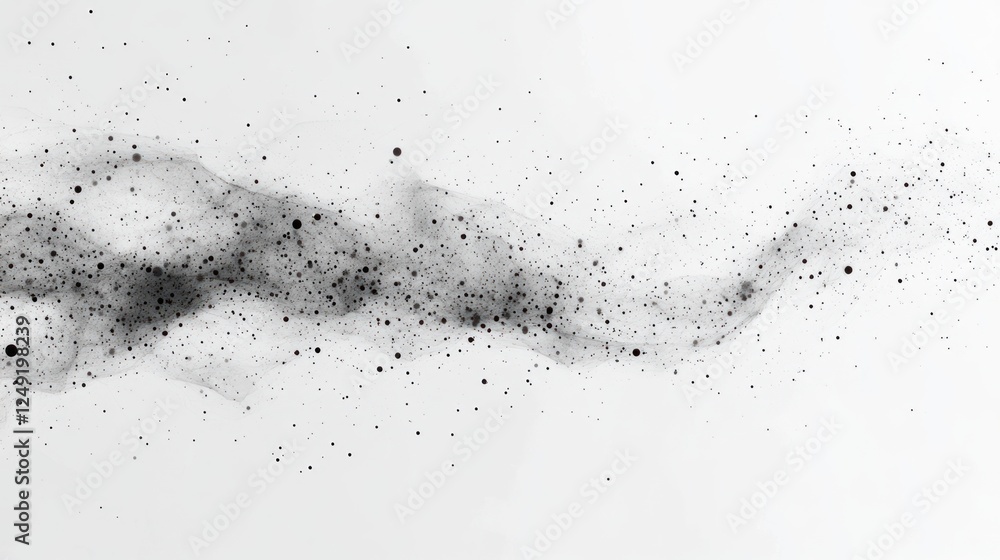 Poster abstract black particles floating on white background, creating a dynamic, flowing design.