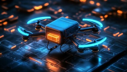 Digital drone delivering a business package in an urban environment showcasing modern business technology background.