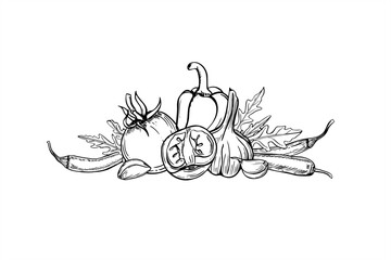 Fototapeta premium Monochrome vegetables for traditional Mexican dishes vector illustration painted by black inks. Tomatoes, pepper, garlic, arugula leaves, jalapeno slices, chili peppers realistic graphic line sketch