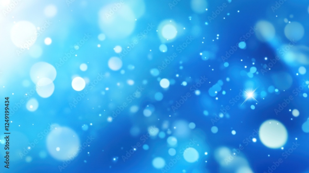Poster abstract blue bokeh background with bright sparkles and glowing lights.