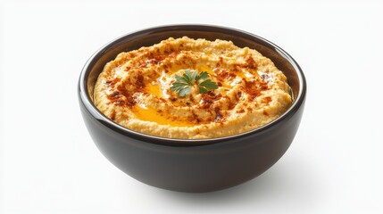 A fresh bowl of hummus with olive oil and paprika garnish, placed on a pure white background with negative space.