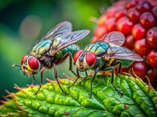 Two Flies Resting on Lush Raspberry Leaves - Close-Up Macro Photography