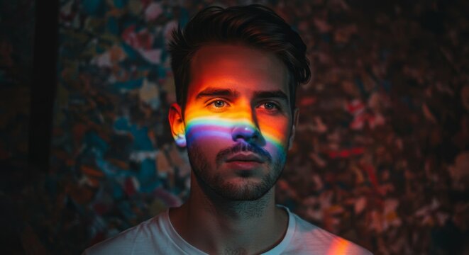 Man's face covered obstructed and surrounded by Colorful Rainbow, expressive pride lgbtq love concept