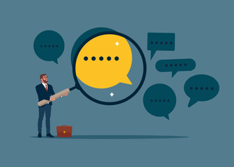 Businessman holding a magnifying glass analyzing speech bubbles. Discussion, conversation, meeting, team communication. Flat vector illustration. 