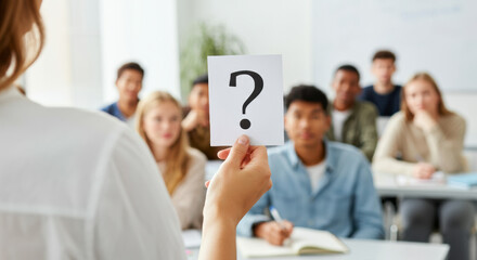 Teacher engaging students with a question mark card in a modern classroom filled with attentive learners