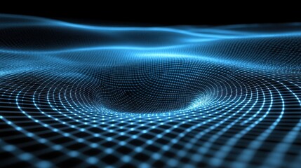 Obraz premium Abstract blue digital landscape with glowing grid and vortex.