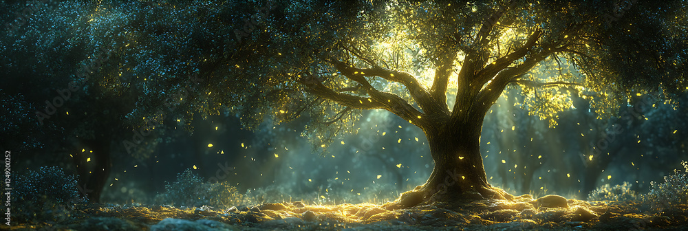 Poster majestic tree illuminated by soft light, surrounded by glowing particles, creates magical atmosphere